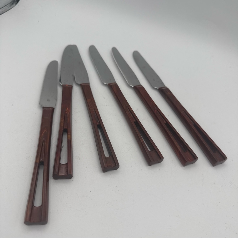6 VTG Stanley  Deluxe Stanhome Steak Knives  Catalina Lucite Cut Out Handle MCM